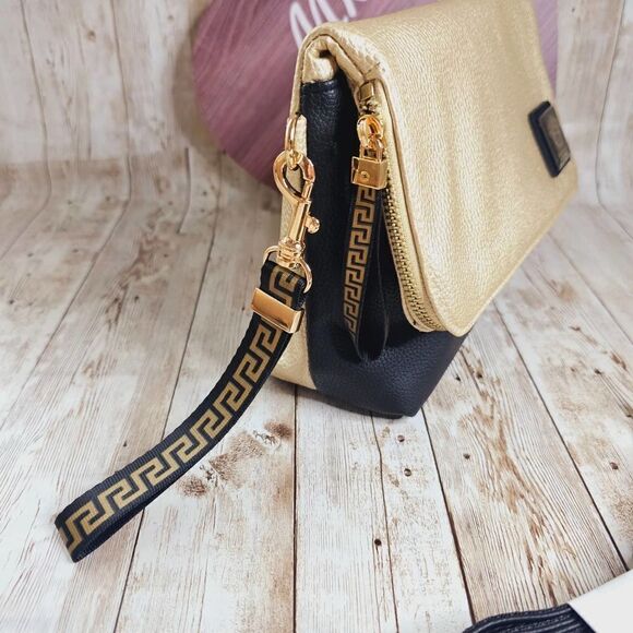 VERSACE Gold Black Faux Leather Clutch Crossbody Bag - Picture 3 of 9